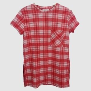 Zara Trafaluc Red White Plaid Short Sleeve Pocket Tunic Tee Shirt Size Small
